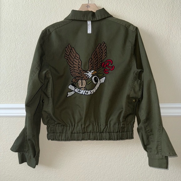 TWINSET 100% Cotton Olive Military Green Zip Jacket Eagle Embroidered Size M - Picture 1 of 12